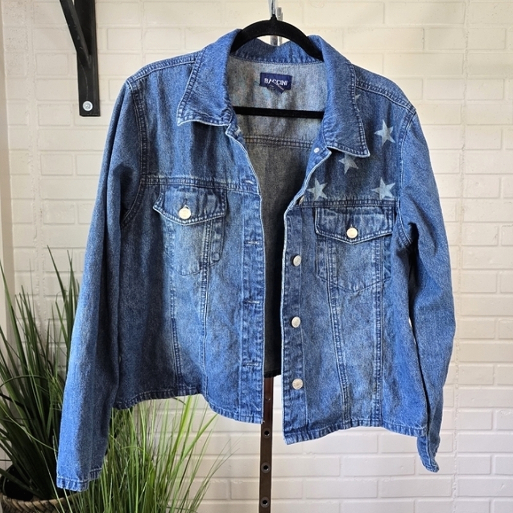 Baccini Star Patterned Denim Button Up Jacket Siz… - image 7